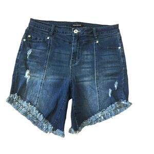 Ashley Stewart frayed dark wash jean shorts